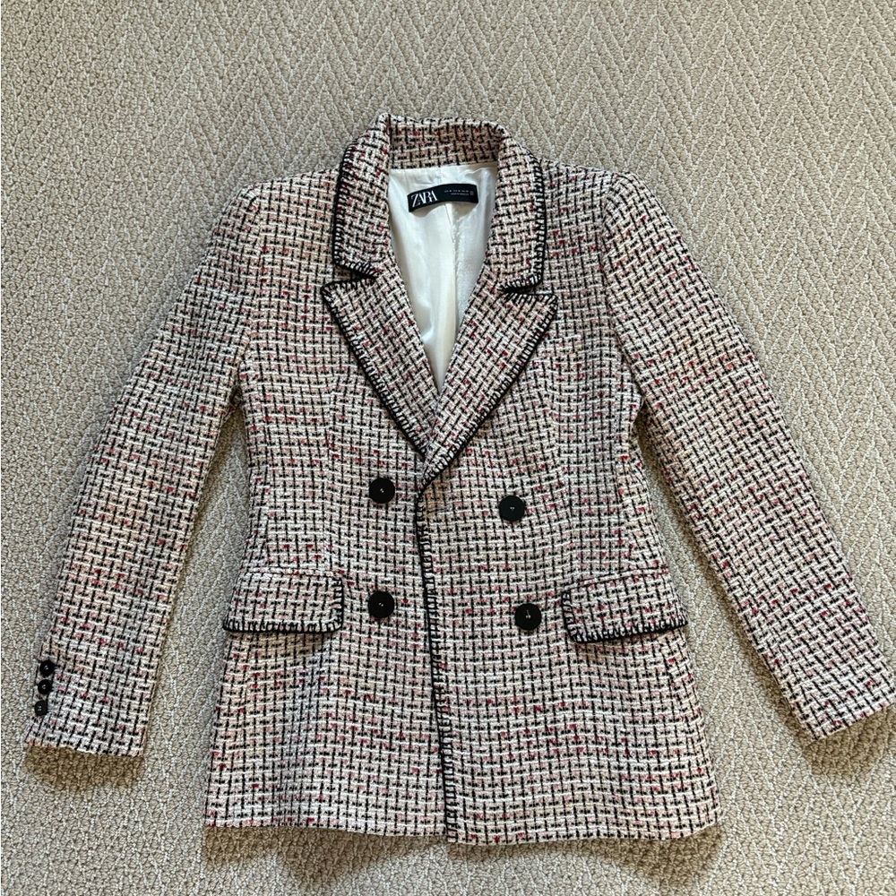 Zara Women's Tweed Blazer - Black, Pink and White
